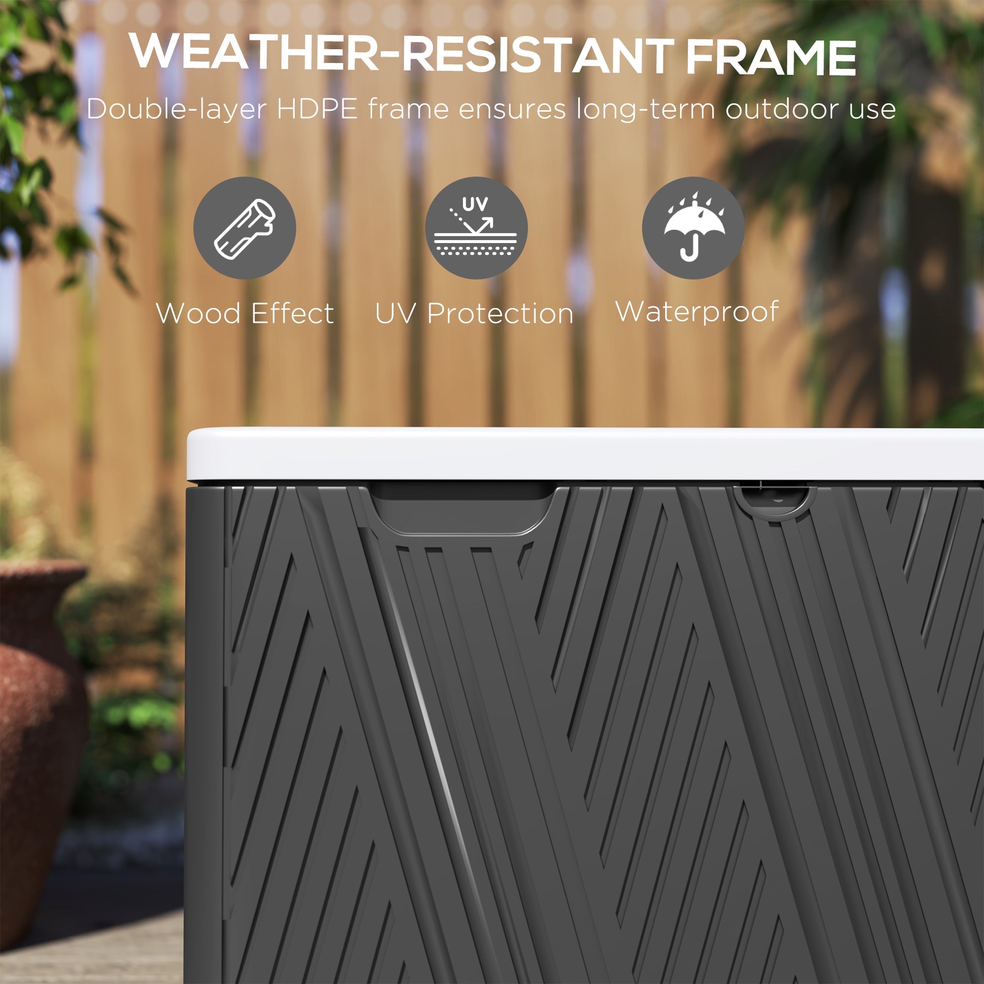 Outsunny 100 Gallon Wood Effect HDPE Outdoor Storage Box, Waterproof and Lockable Deck Box for Garden Tools and Pool Accessories