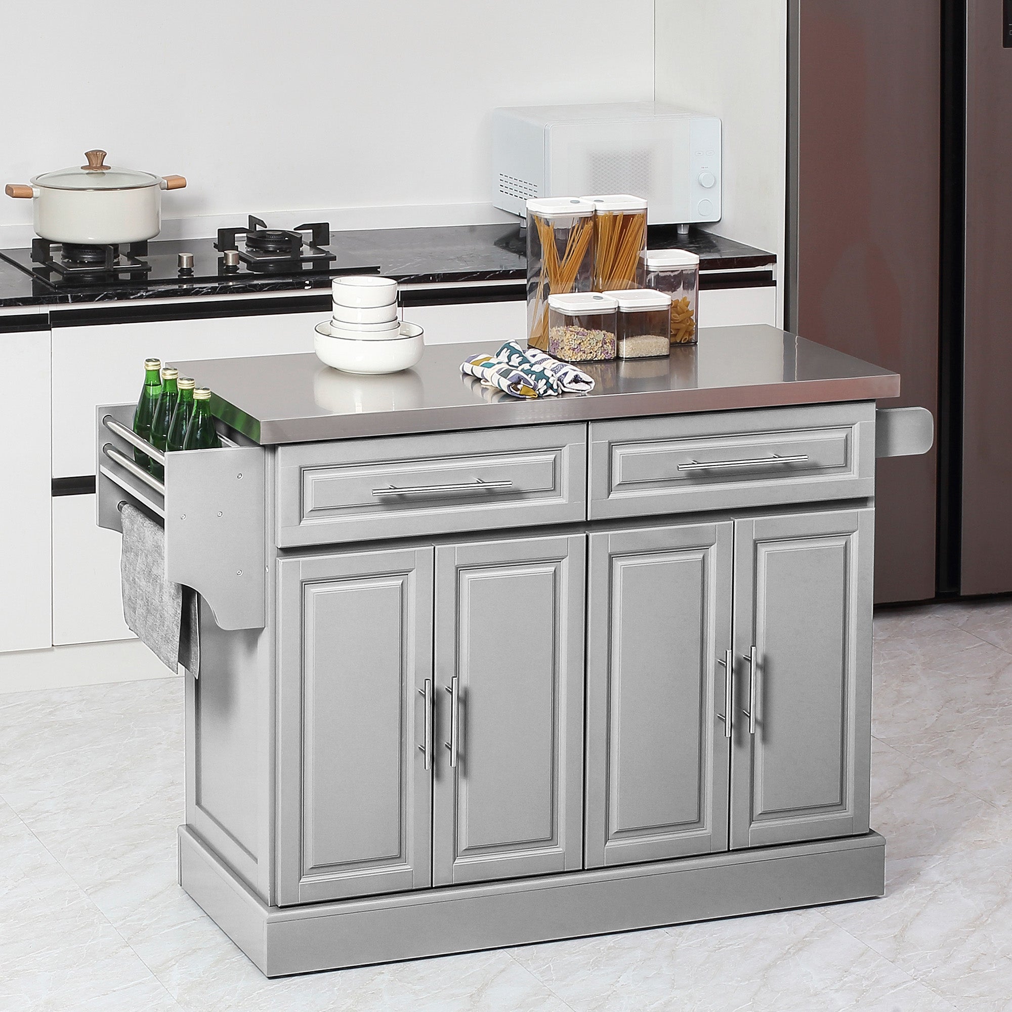 HOMCOM Rolling Kitchen Island with Storage and Stainless Steel Top, Kitchen Trolley with Drawers, Cabinets, Towel Rack