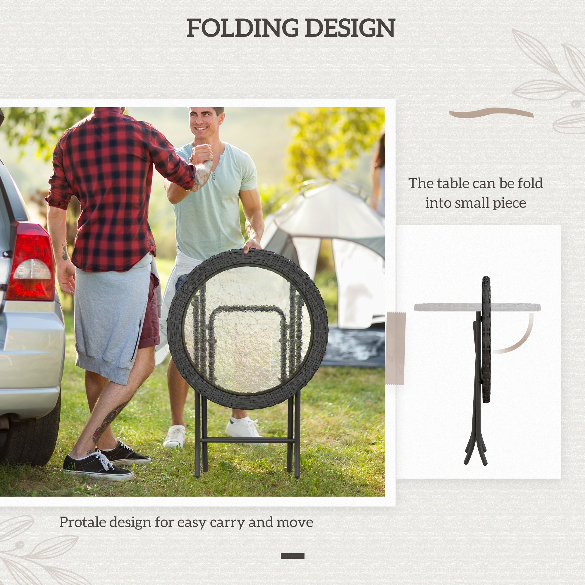 Outsunny Folding Round Table Tempered Glass Metal with Rattan Edging Black