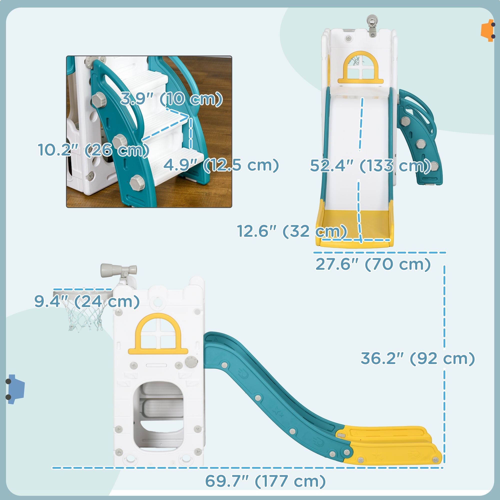 Qaba 4 in 1 Toddler Slide with Basketball Hoop, Climber, Telescope, Storage Basket, for 1-3 Years Kids Indoor Use, Yellow