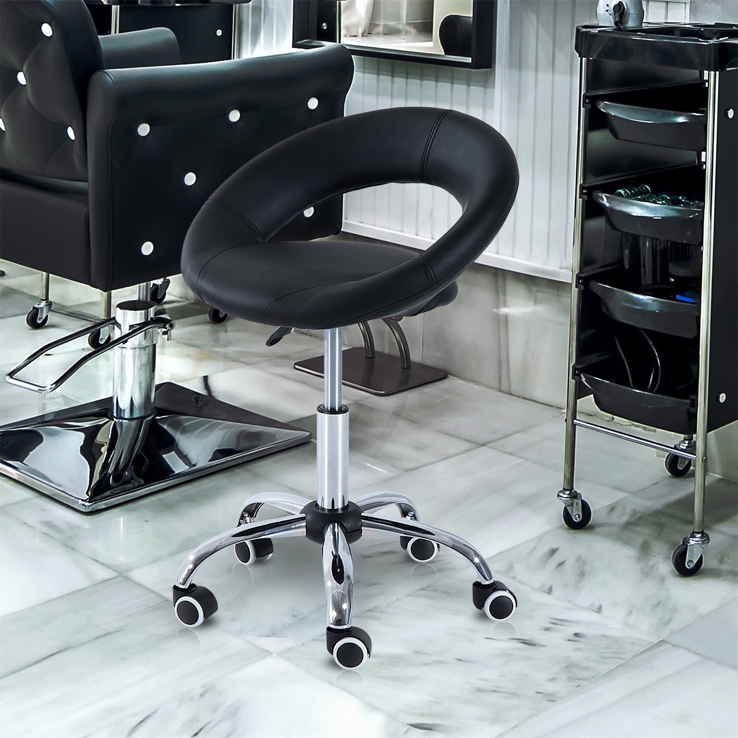 HOMCOM Sleek Swivel: Black and Chrome Hydraulic Moon Salon Stool, Rolling Chair for Massage, Spa, Tattoo, Pub, Bar