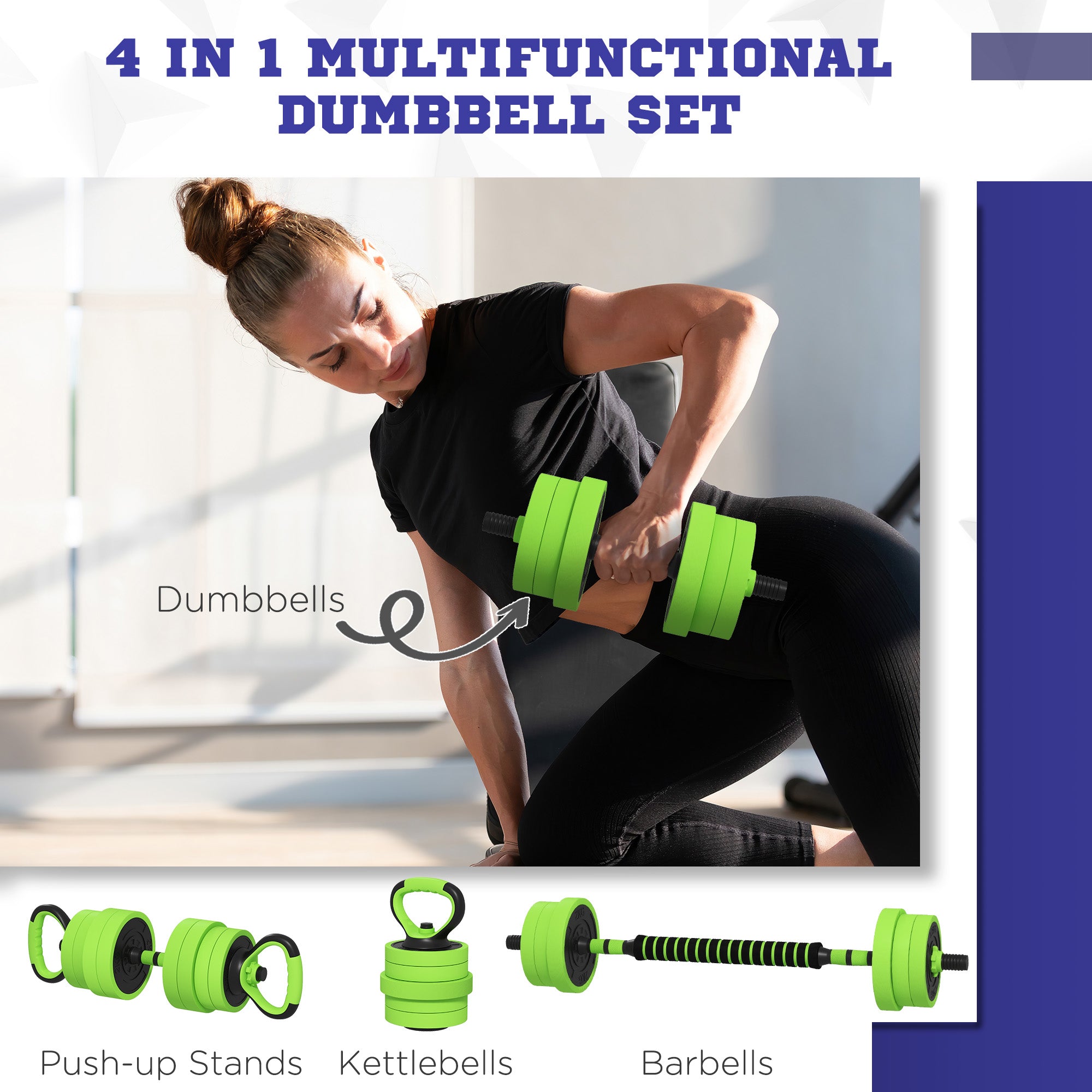 Soozier 4-in-1 Dumbbell Set: 44lbs Adjustable Weights for Barbell, Kettlebell, Push-Up & Fitness Training at Home, Green
