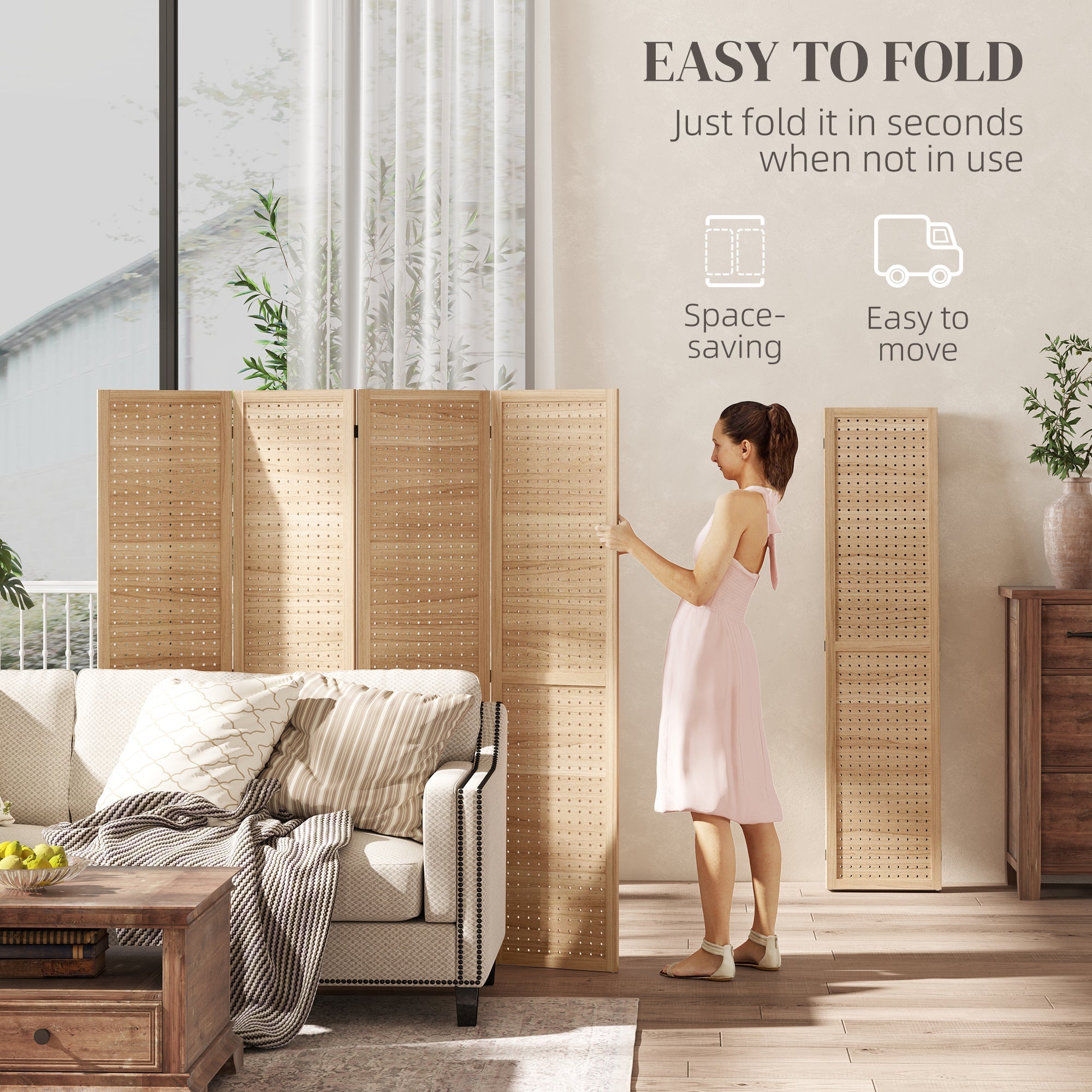 HOMCOM 4-Panel Room Divider: 5.6ft Tall Indoor Wood Portable Folding Privacy Screens with Hole Hooks, Natural