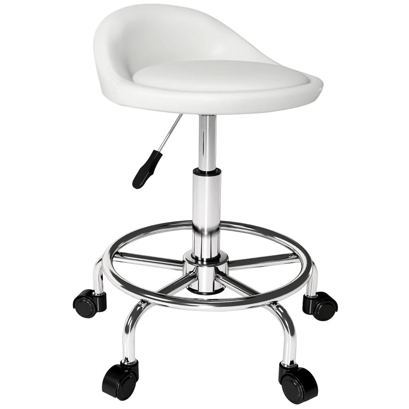 PU Leather Rolling Stool, Height Adjustable Swivel Salon Chair with Backrest and Foot Rest for Spa, Tattoo, White