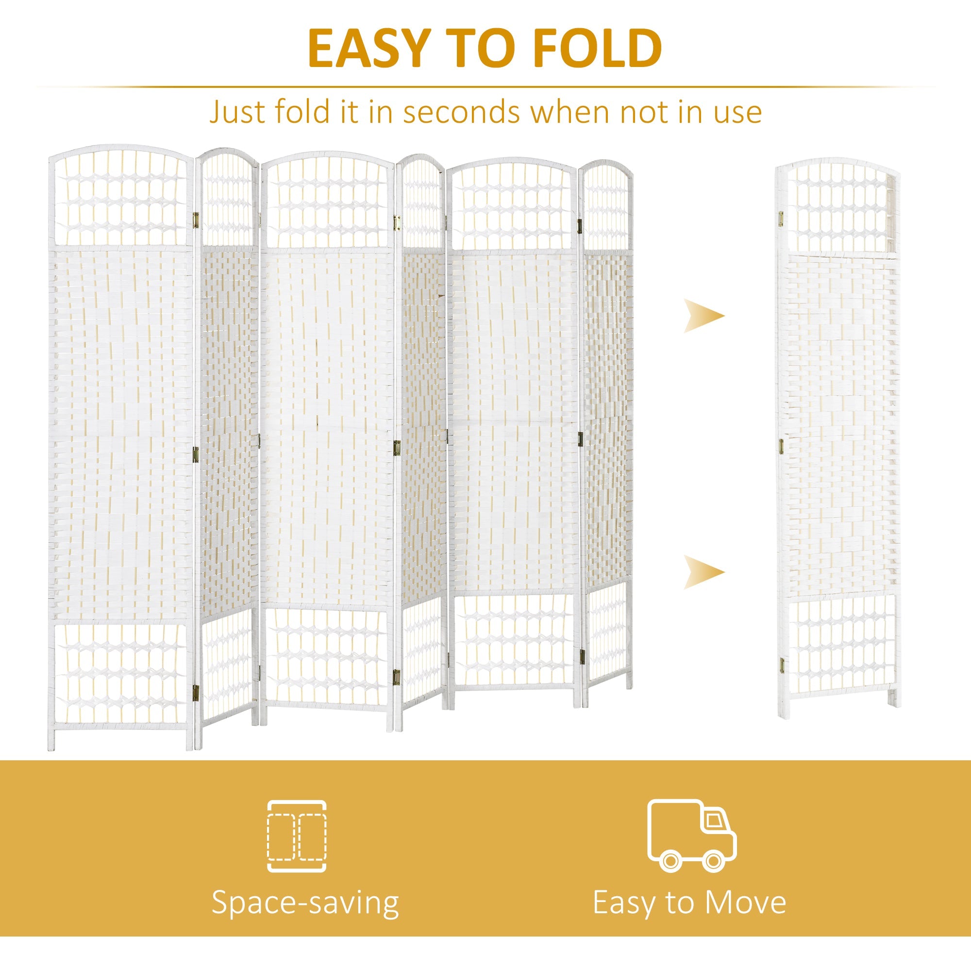 HOMCOM 6-Panel Folding Room Separator: Portable Privacy Screen, Wave Fiber Room Partition for Home Office, White