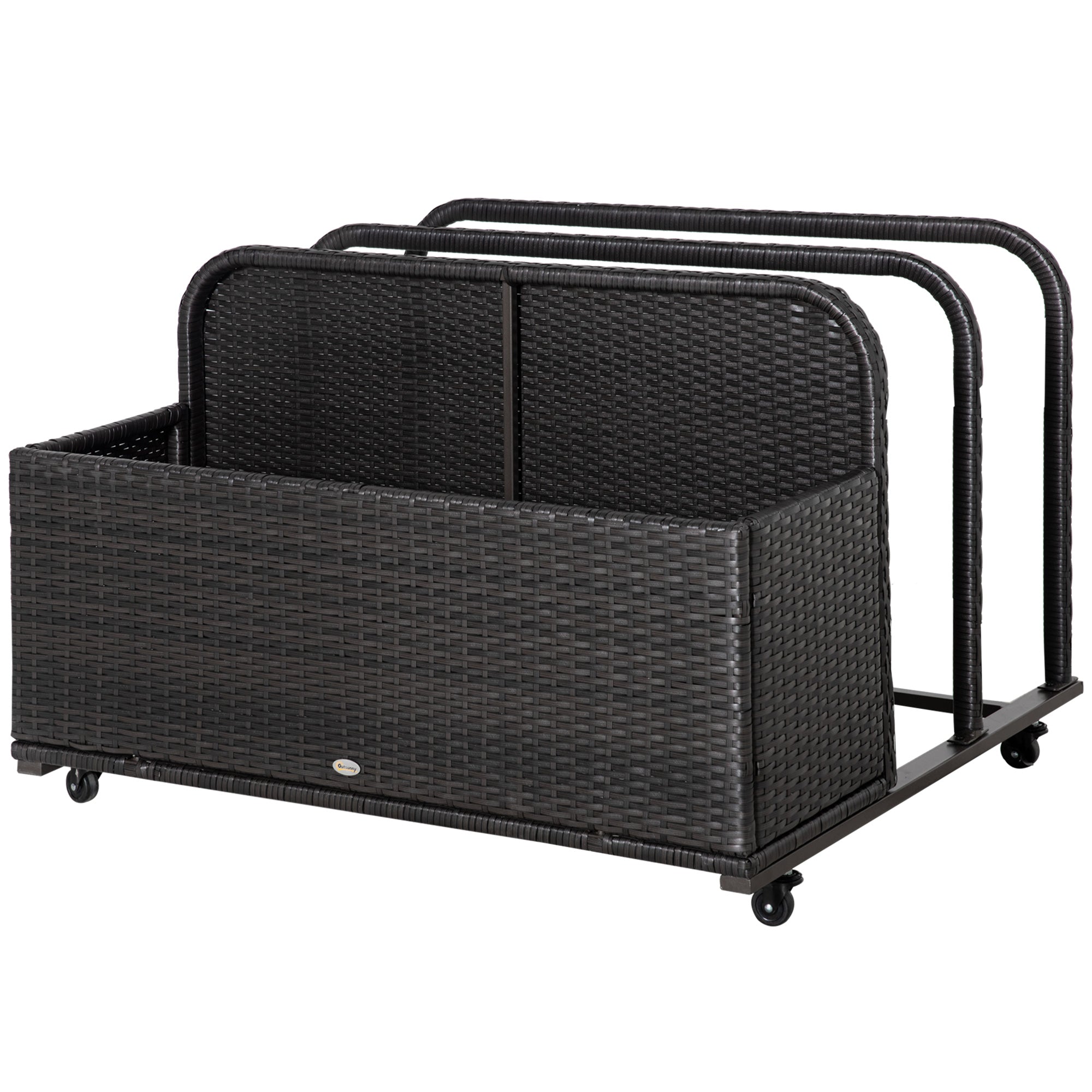 Outsunny Rolling Pool Storage Rattan Patio Furniture Outdoor Storage Wicker Organizer for Floats, Paddles, Balls, Towels, Brown