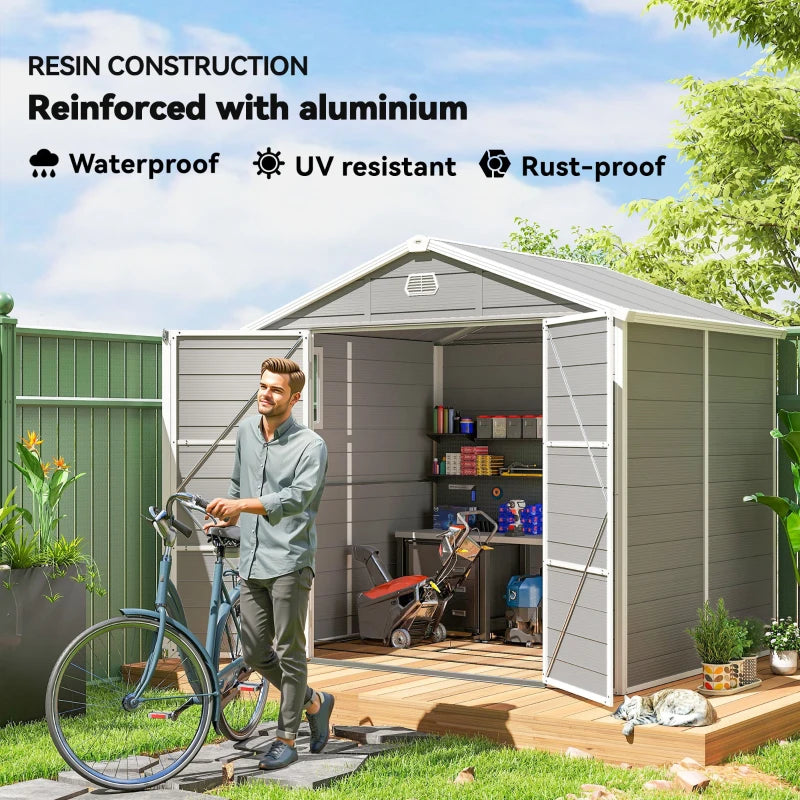 8' x 6' Plastic Garden Storage Shed with Latch Door, Vents, Sloped Roof, Light Grey