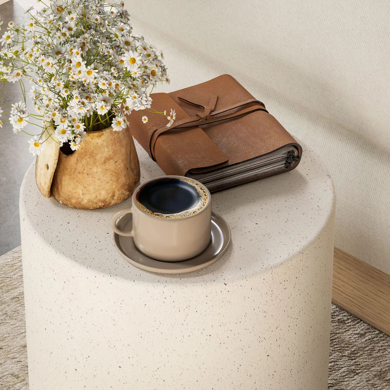 Terrazzo Finish Side Table, 17" Round End Table for Indoor and Outdoor, Cream White