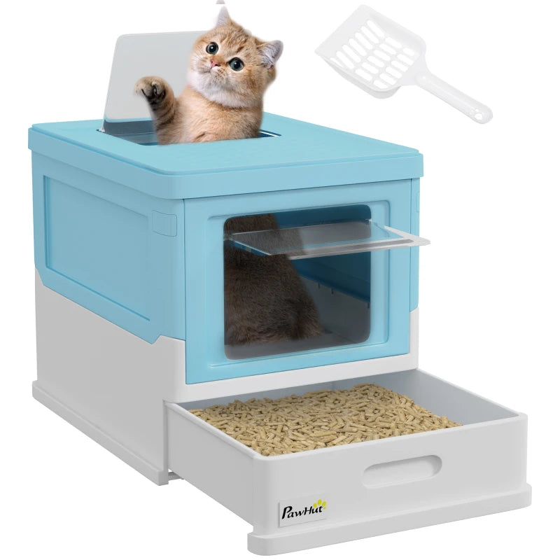 Top Entry Enclosed Kitty Litter Box with Scoop, Tray, Front Entry, Large Space, Foldable, Portable, Blue