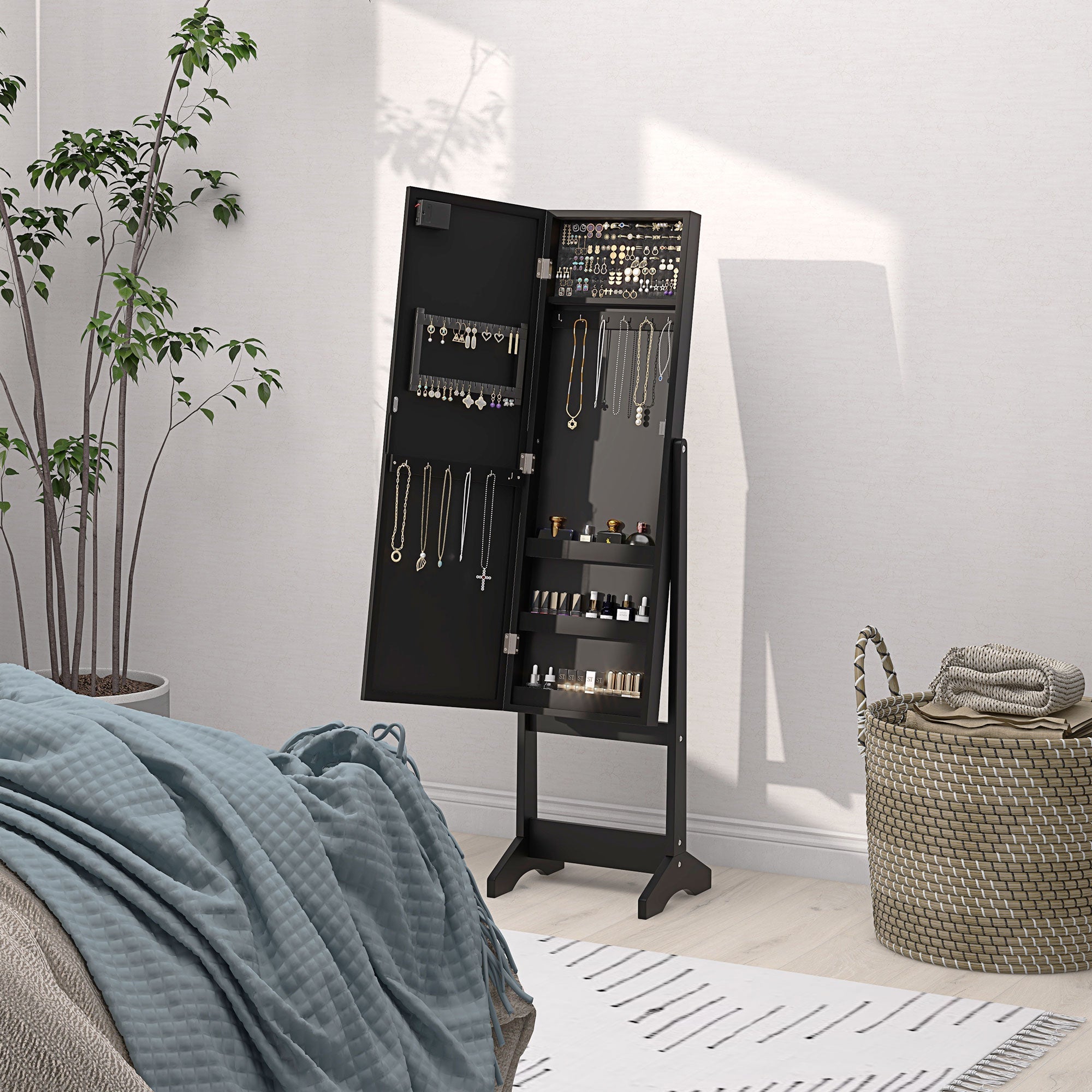 HOMCOM Freestanding Armoire Jewelry Cabinet Lighted Mirror Angle Adjustable 16 LED Lights Black
