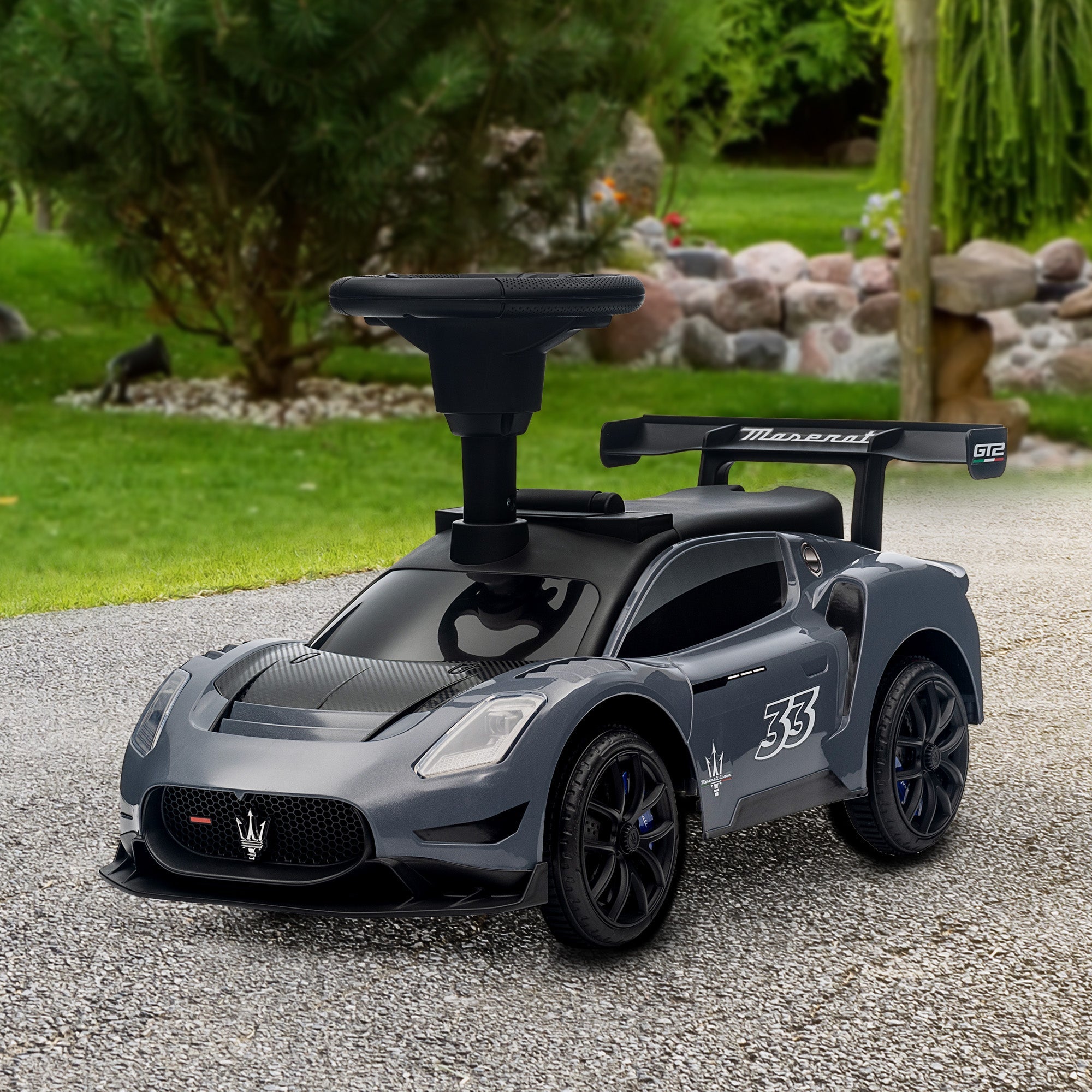 Qaba Licensed Maserati GT2 Baby Sliding Car with Storage, Music, Horn, Foot to Floor Toddler Car for 18-60 Months, Grey