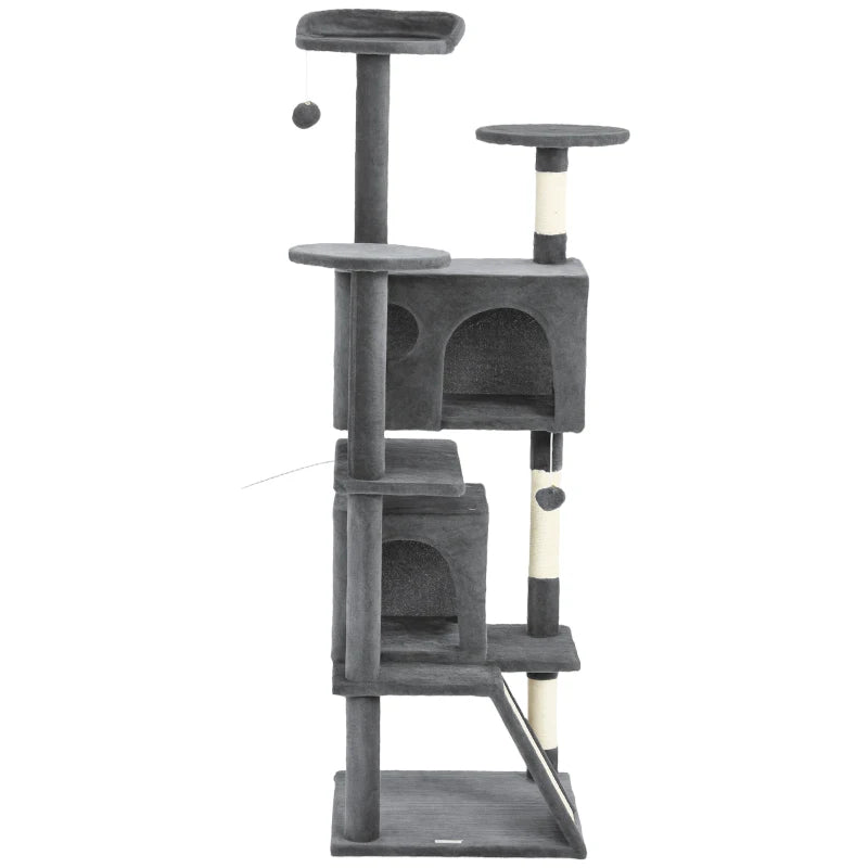 63" Cat Tree, Multi-Level Cat Tower with Scratching Posts, Cat Condos, Bed, Platforms, Ramp, Toy Ball, Dark Grey