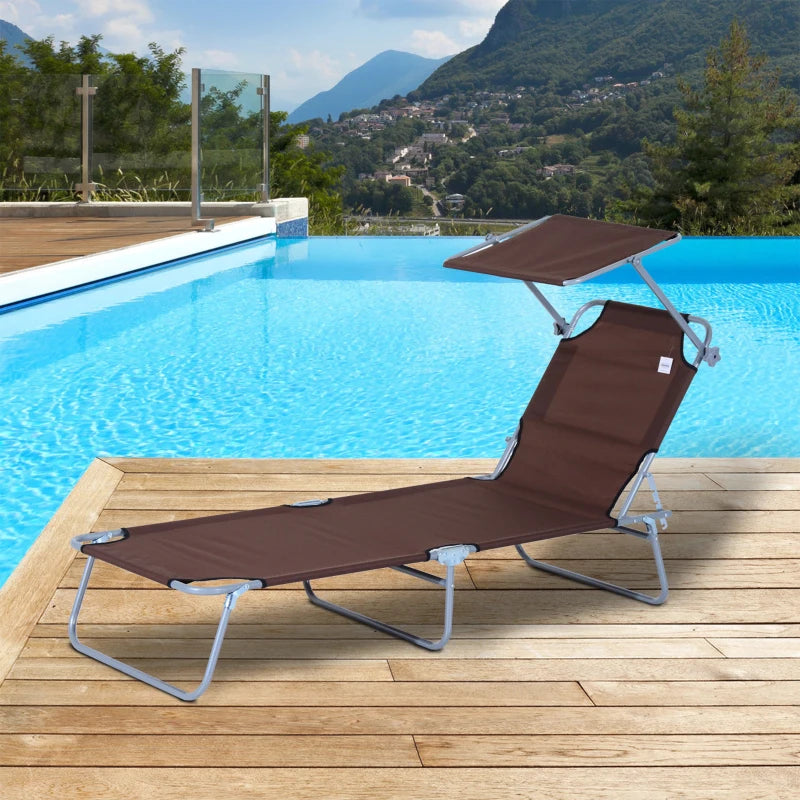 Outdoor Lounge Chair, Adjustable Folding Chaise Lounge, Tanning Chair with Sun Shade for Beach, Camping, Hiking, Backyard, Brown