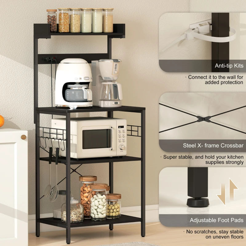 Kitchen Baker's Rack with Power Outlet, Coffee Bar Station with Adjustable Shelves and Hooks, Distressed Black