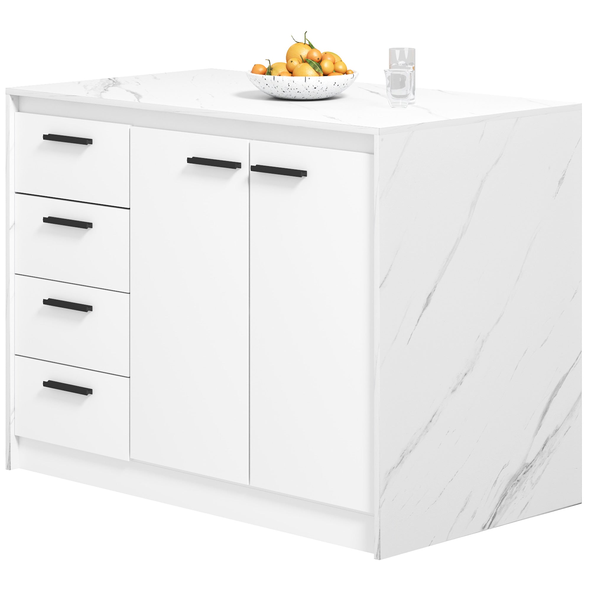 HOMCOM Kitchen Island with Storage Cabinet, 4 Drawers and Adjustable Shelf for Dining Room, Faux Marble Effect and White