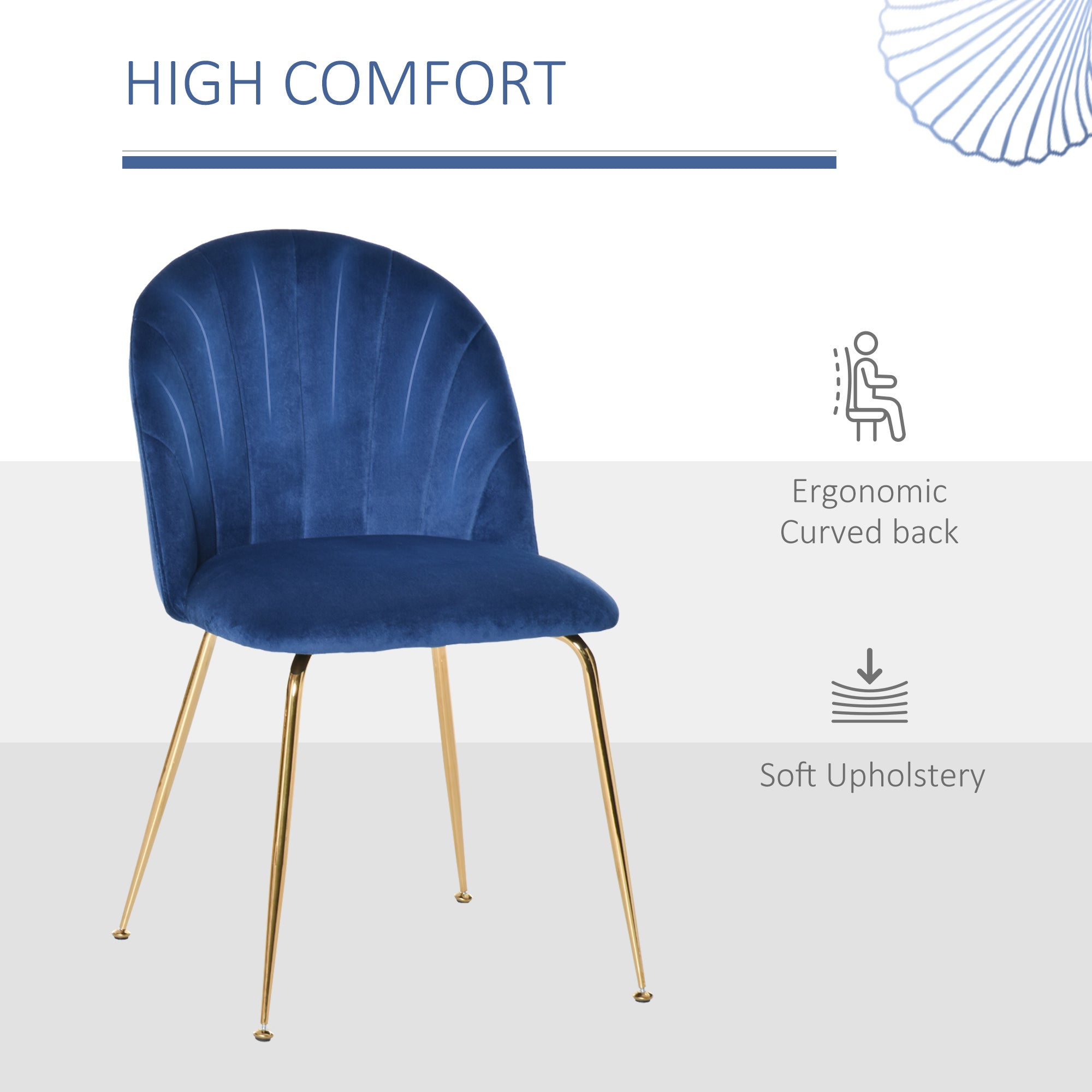 HOMCOM Modern Dining Chair Duo: Blue Velvet-Touch Fabric Accent Chairs Set of 2, with Gold Metal Legs for Stylish Seating