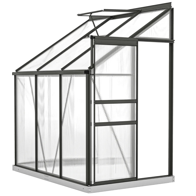 Aluminum Lean-to Greenhouse Polycarbonate Walk-in Greenhouse with Rain Gutter and Sliding Door, 6' x 4', Dark Grey