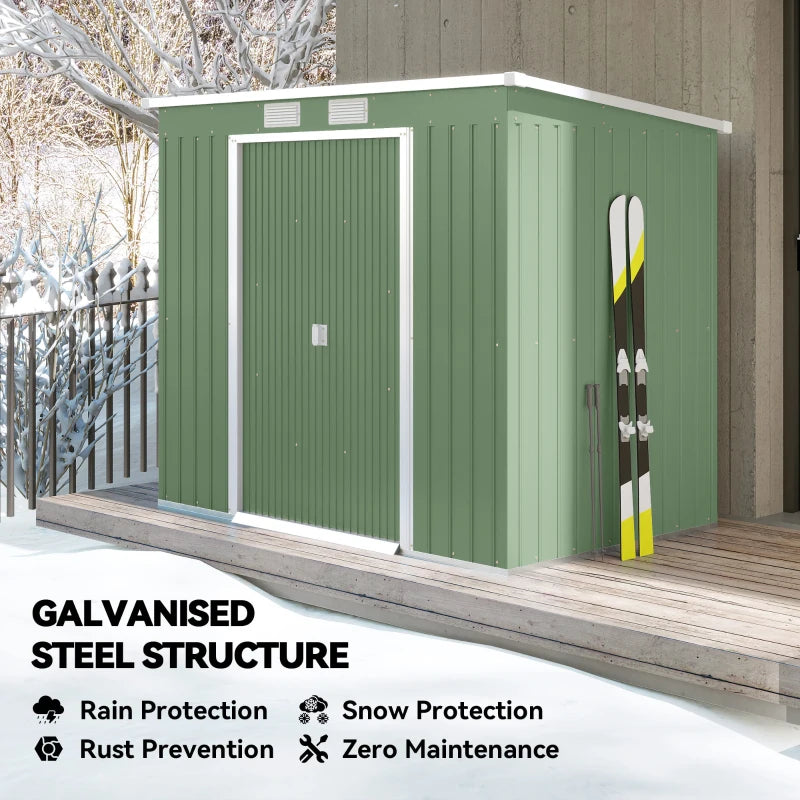 7' x 4' Galvanised Steel Garden Shed, with Foundation Kit - Green