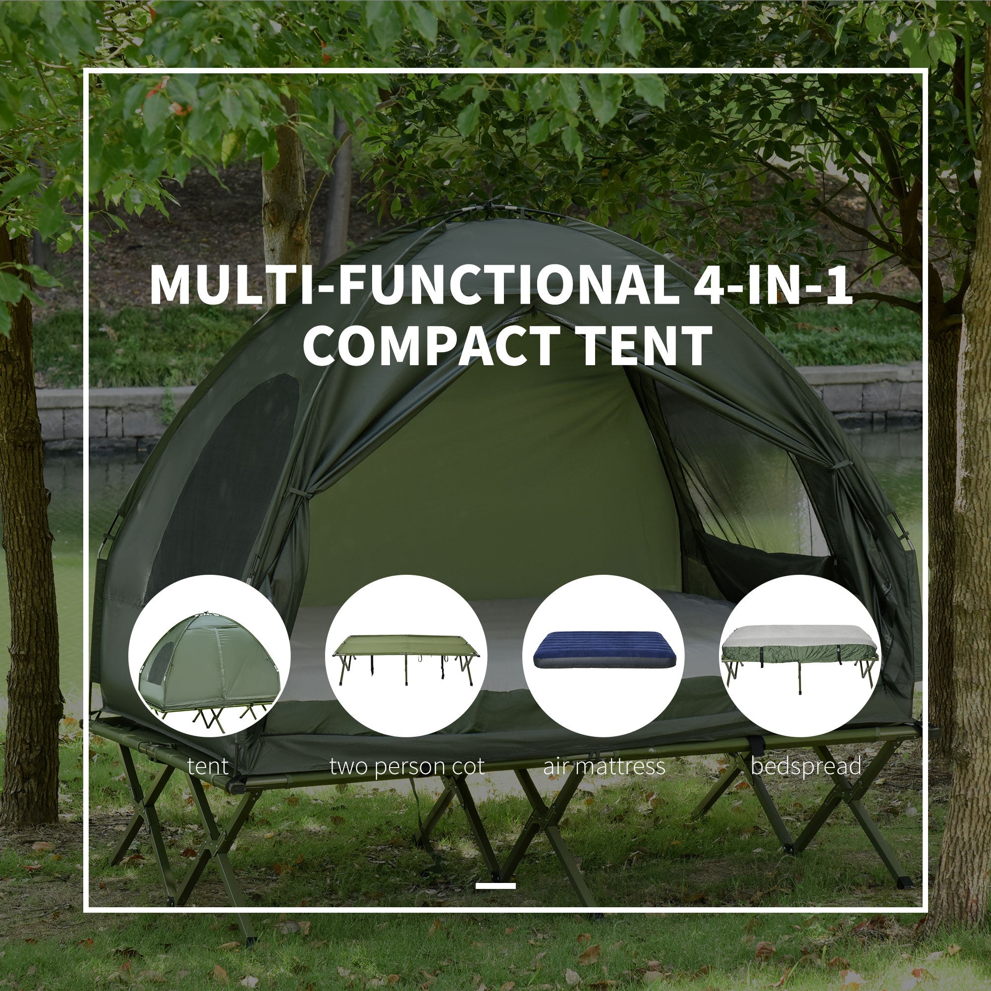 Outsunny Camping Combo Set All in 1 Portable Folding Tent Cot Air Mattress Carry Bag Pump Sleeping Shelter Dark Green