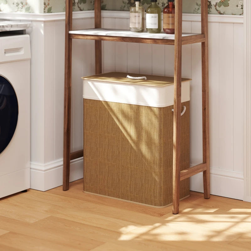 Double Laundry Basket with Lid, 100L Bamboo Laundry Hamper with Rope Handles and Removable Bags, Brown