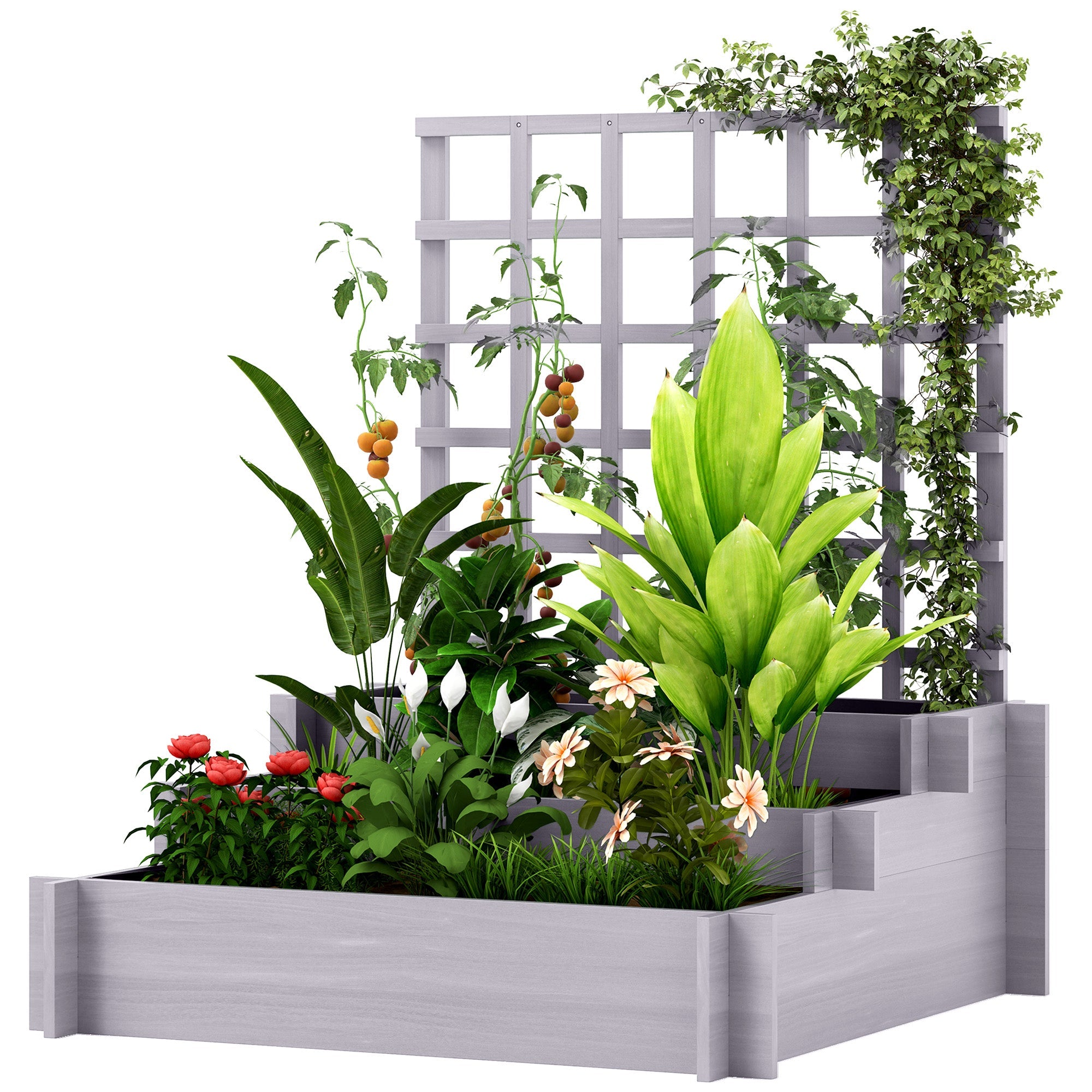 Outsunny Wooden Elevated Planter Box with Trellis for Climbing Plants, 3 Tier Raised Garden Bed for Garden, Outdoor, Grey