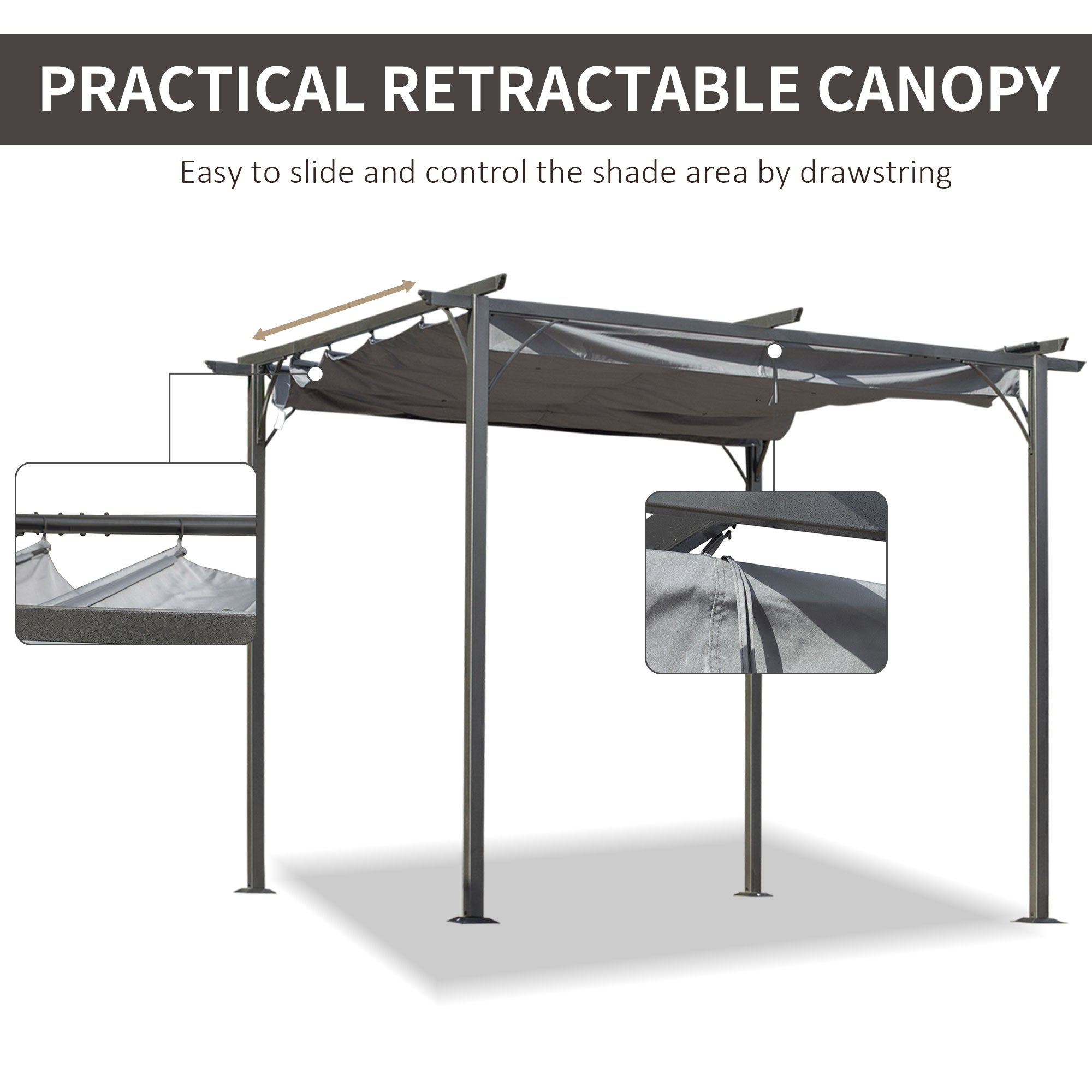 Outsunny 10'x10' Pergola Retractable Gazebo Shade Deck Shelter with Steel Frame, Polyester Canopy, Grey