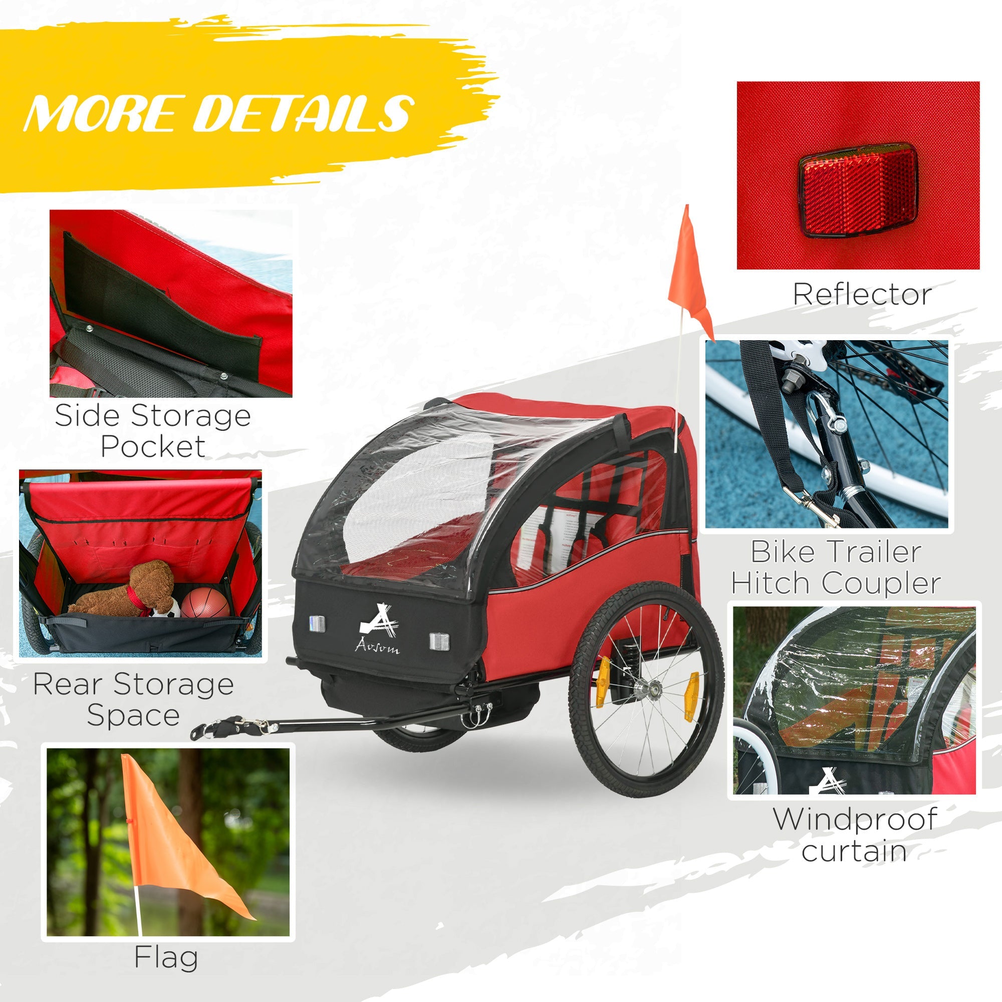 Aosom 2 Seat Bike Trailer for Kids, Baby Stroller with Storage Bag, 5 Point Harness, Bicycle Trailer with 20" Wheels, Red
