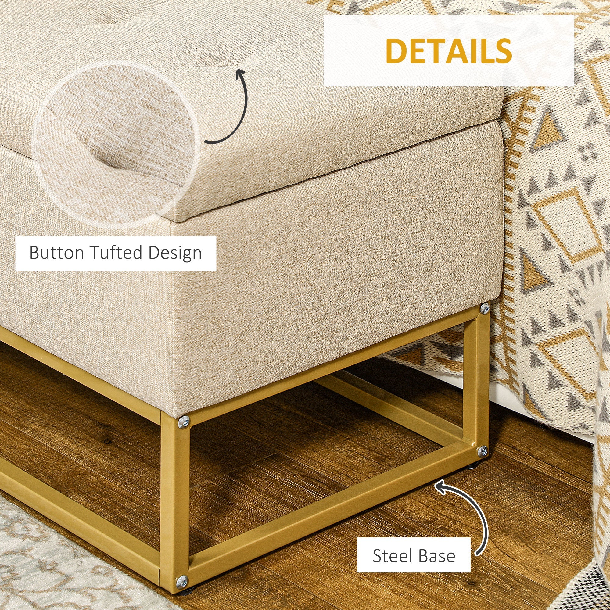 HOMCOM Linen Luxury: Upholstered Storage Bench with Steel Legs, Beige Fabric Ottoman for Bedroom, Living Room Seating