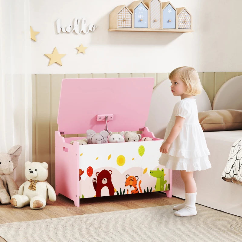 Qaba Kids Storage Chest with Lid, Toy Box Organizer with Safety Hinges for Playroom, Bedroom, Living Room, Pink