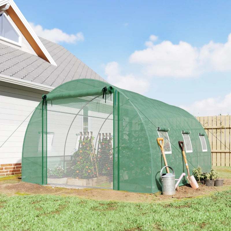 Walk-in Tunnel Greenhouse, Plant Hot House w/ Support Rods, Roll-up Mesh Door, Mesh Windows, 13'x9.8'x6.6', Green