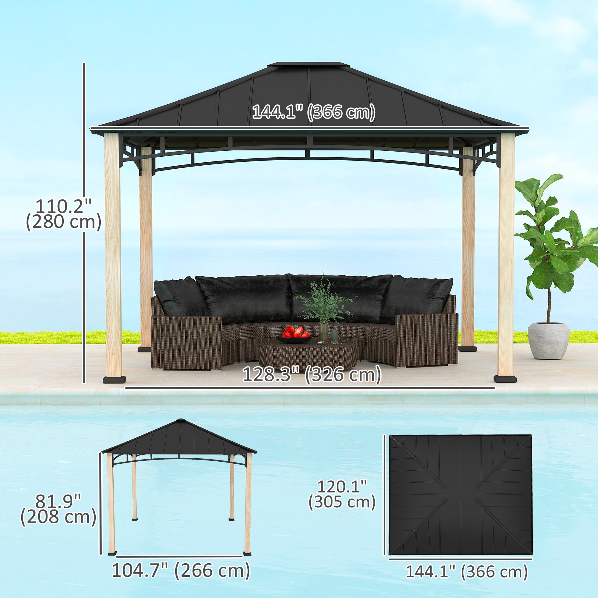 Outsunny 10' x 12' Hardtop Gazebo with Metal Roof, Wood Grain Frame Outdoor Gazebo Canopy for Patio, Garden, Backyard, Lawn