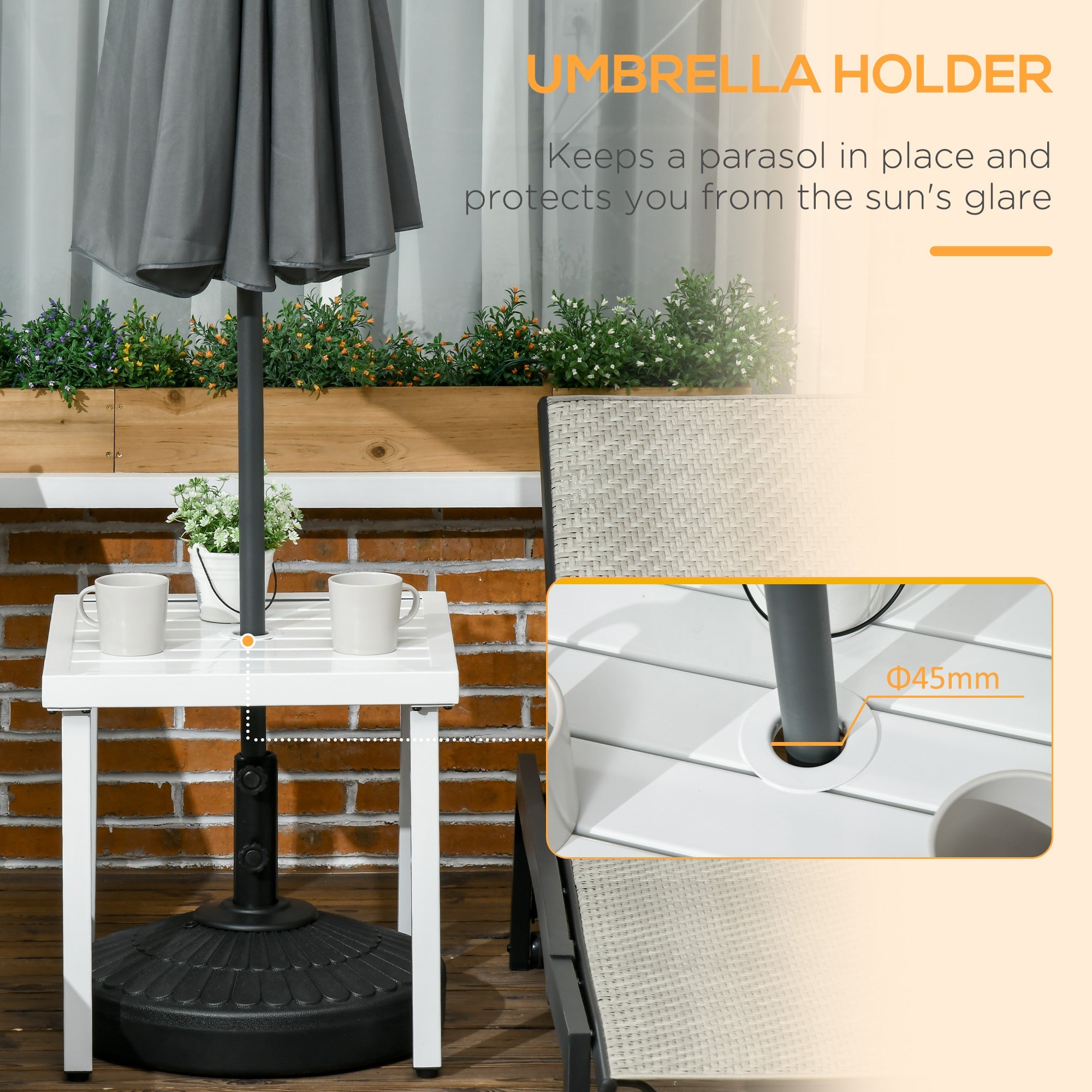Outsunny Patio Side Table with Umbrella Hole Steel Frame Small Coffee Table White