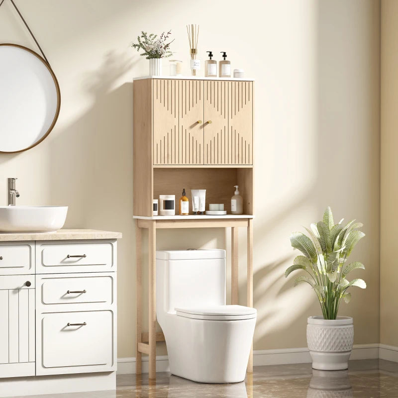 Over The Toilet Storage Cabinet with Adjustable Shelf, Open Shelf and Adjustable Bottom Bar, Oak