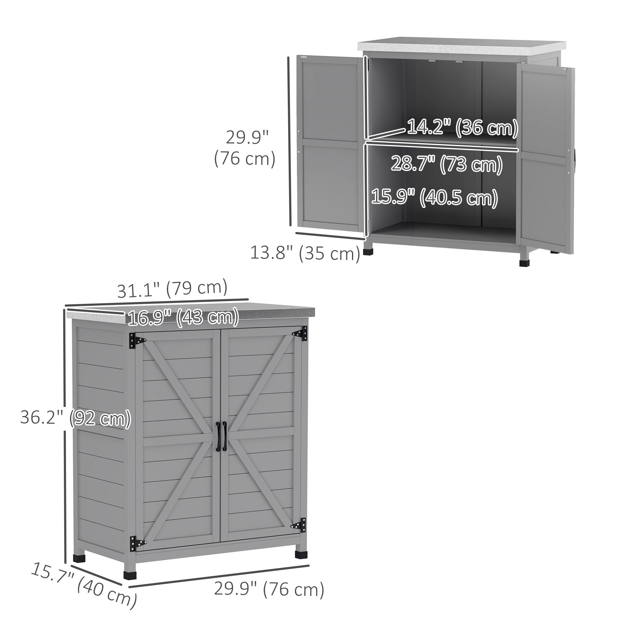 Outsunny Garden Storage Cabinet, Outdoor Potting Bench Table with Metal Tabletop, Shelf and Double Doors, Grey