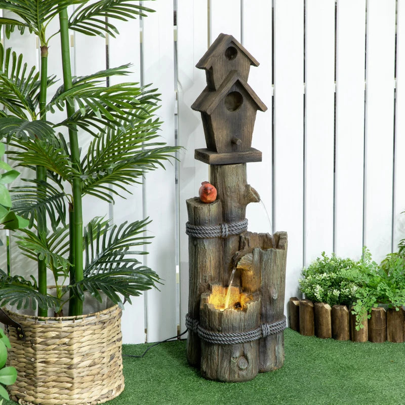 Outdoor Fountain, Garden Waterfall with Birdhouse, 3-Tier Tree Trunk Design, LED Lights for Porch, Deck, Yard, Brown