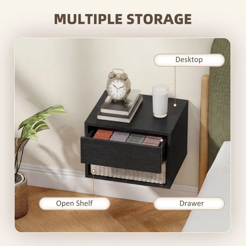 Floating Nightstand Set of 2, Wall Mounted Bedside Table with Drawer for Bedroom Black