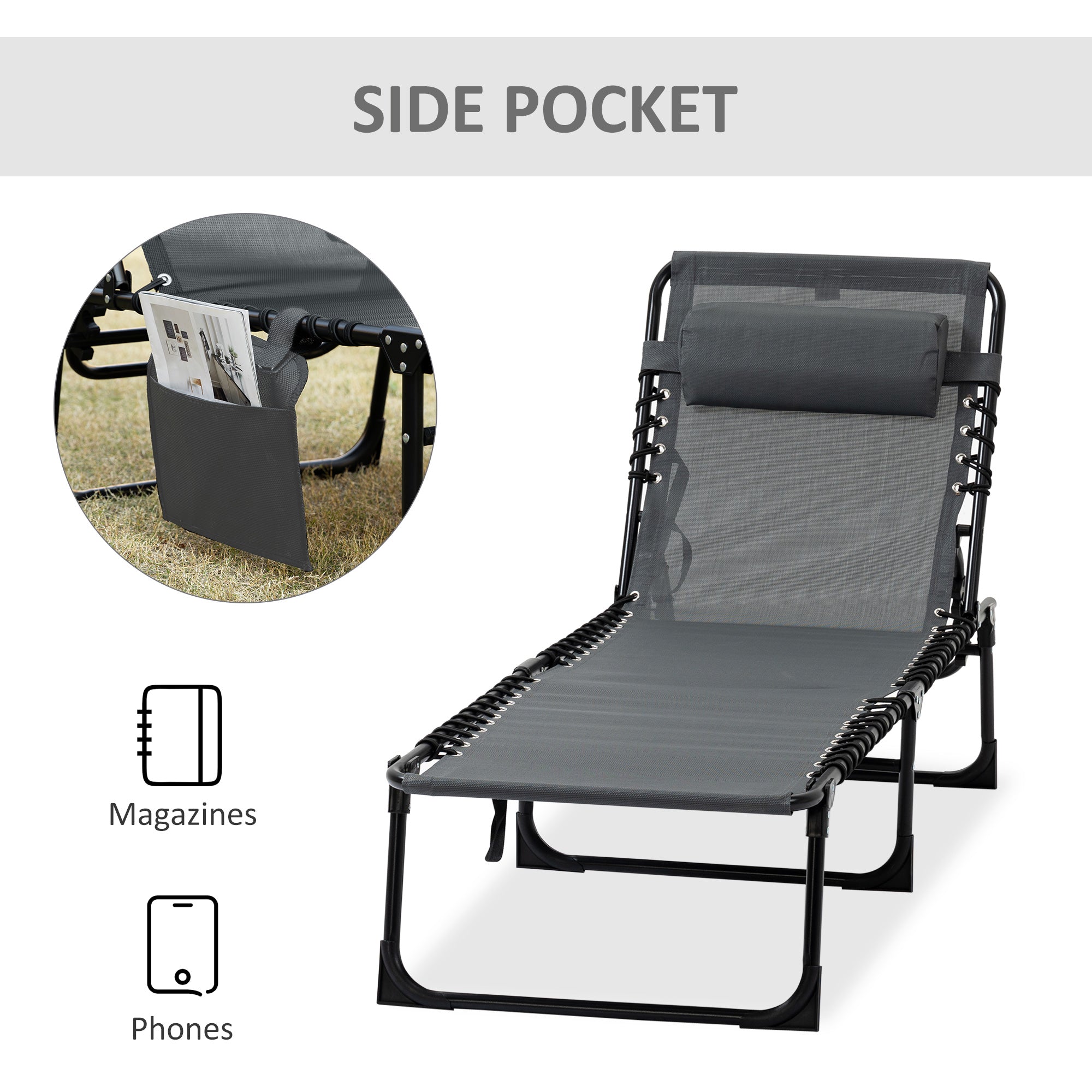 Outsunny Adjustable Outdoor Folding Lounge Chair Recliner with Pillow Grey