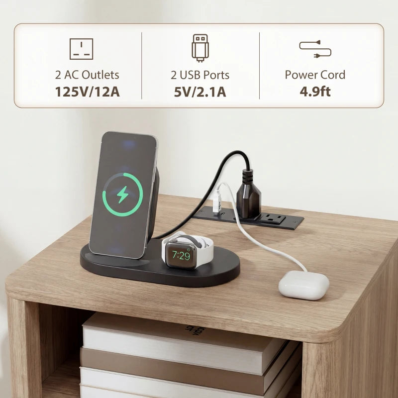 Nightstands Set of 2, Modern Bedside Tables with Charging Station, 2 Drawers and Open Shelf, Grey