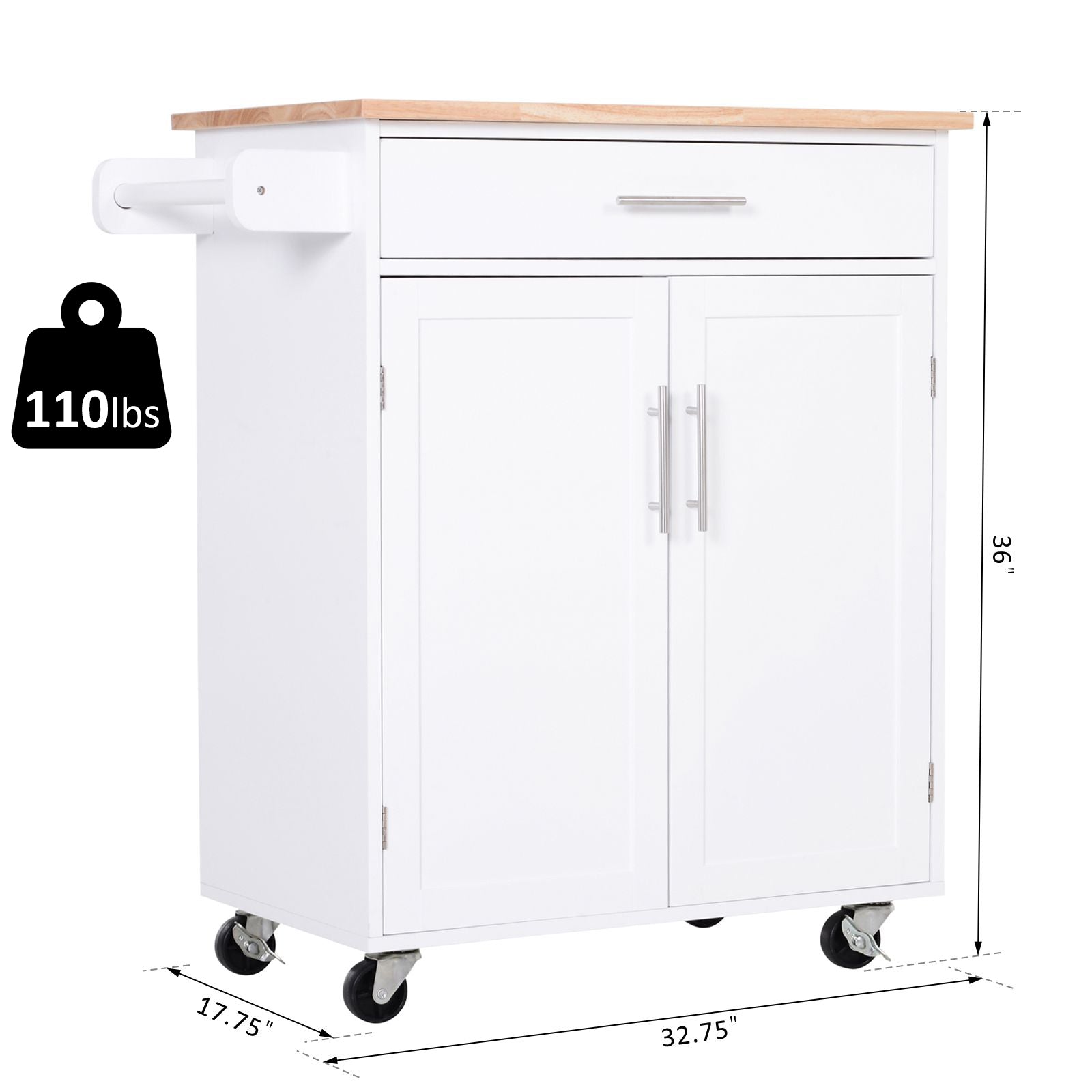 HOMCOM Wooden Kitchen Island Cart: White Rolling Serving Trolley with Storage Drawer, Towel Bar & Wheeled Mobility