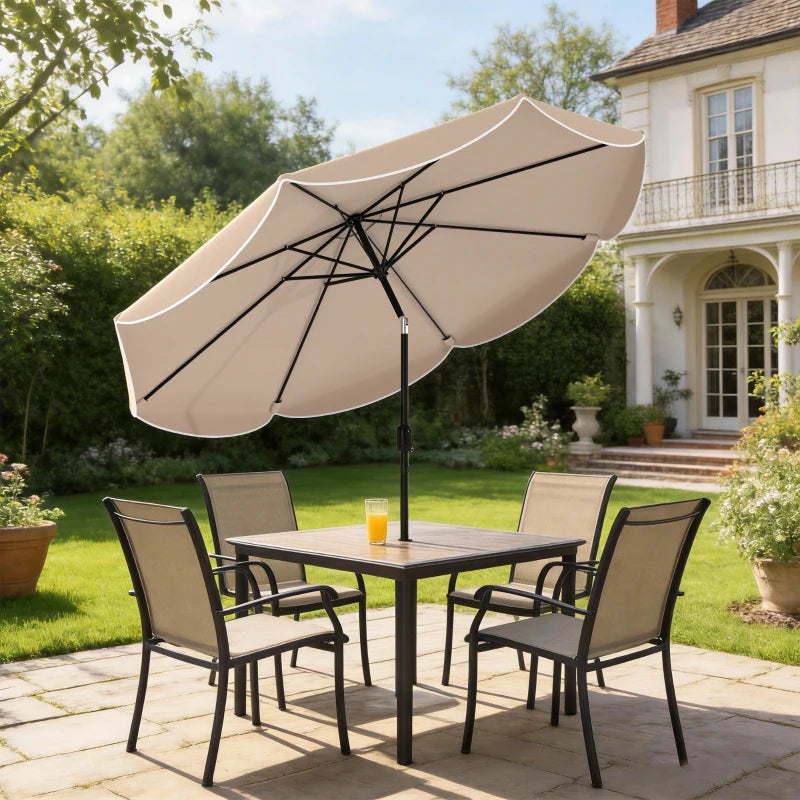 9' x 9' Round Market Umbrella with Valance, Patio Umbrella with Tilt and Crank, for Garden, Deck, Poolside, Khaki