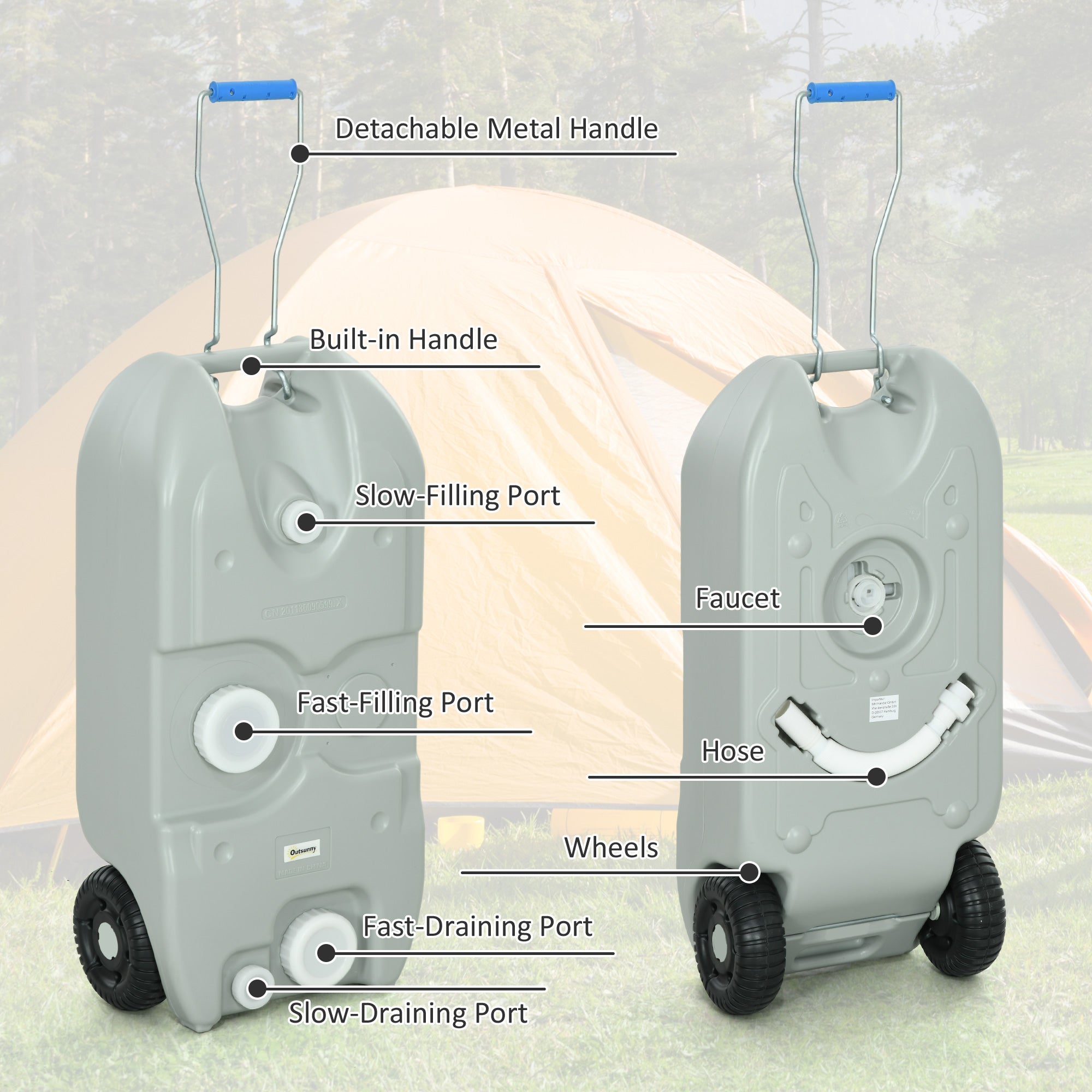 Outsunny RV Portable Waste Tank 10.6 Gallon Black Grey Water Storage with Wheels Handles for Camping