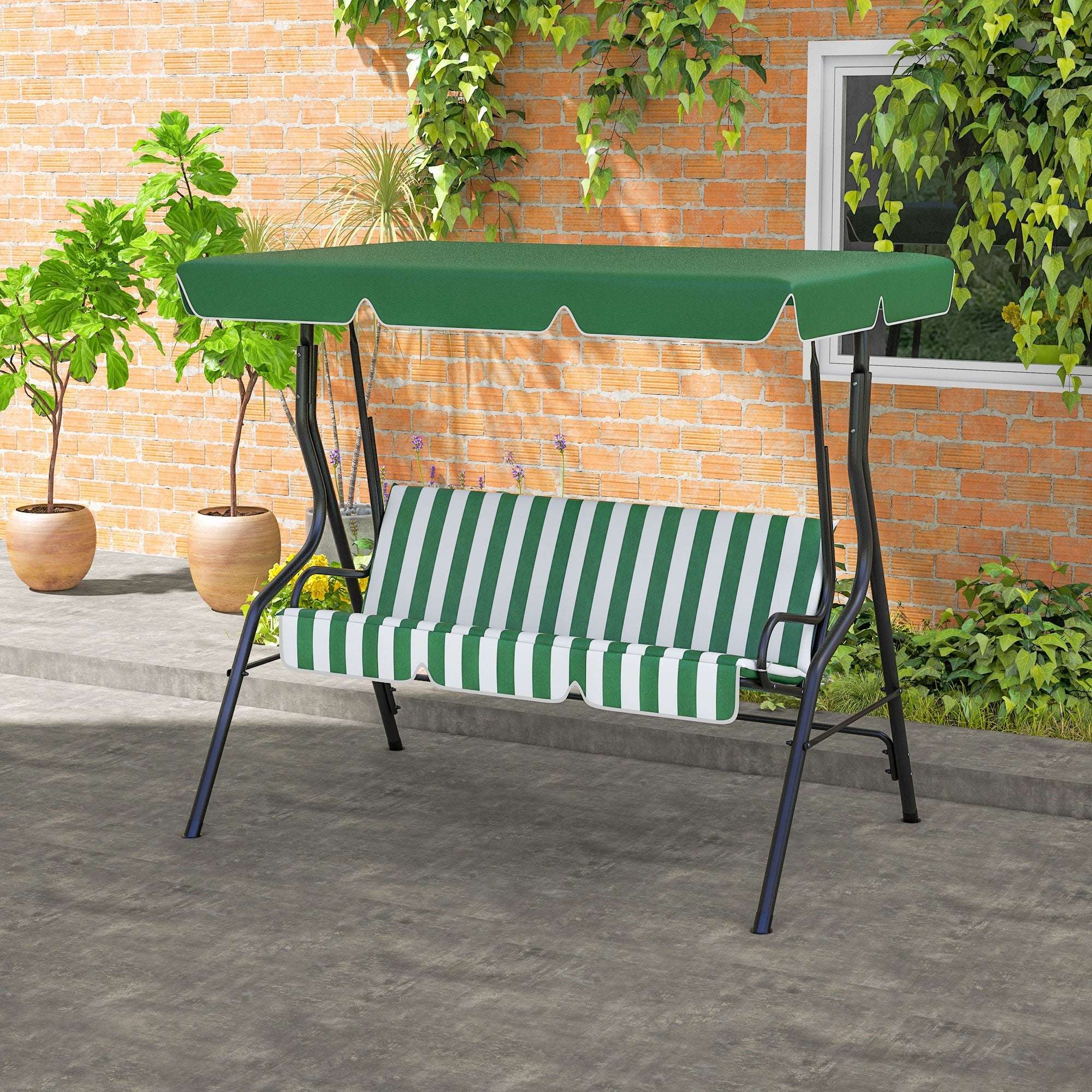 Outsunny 3-Seat Patio Swing Chair, Outdoor Porch Swing Glider with Adjustable Canopy, Removable Cushion, and Weather Resistant Steel Frame, for Garden, Poolside, Green & White