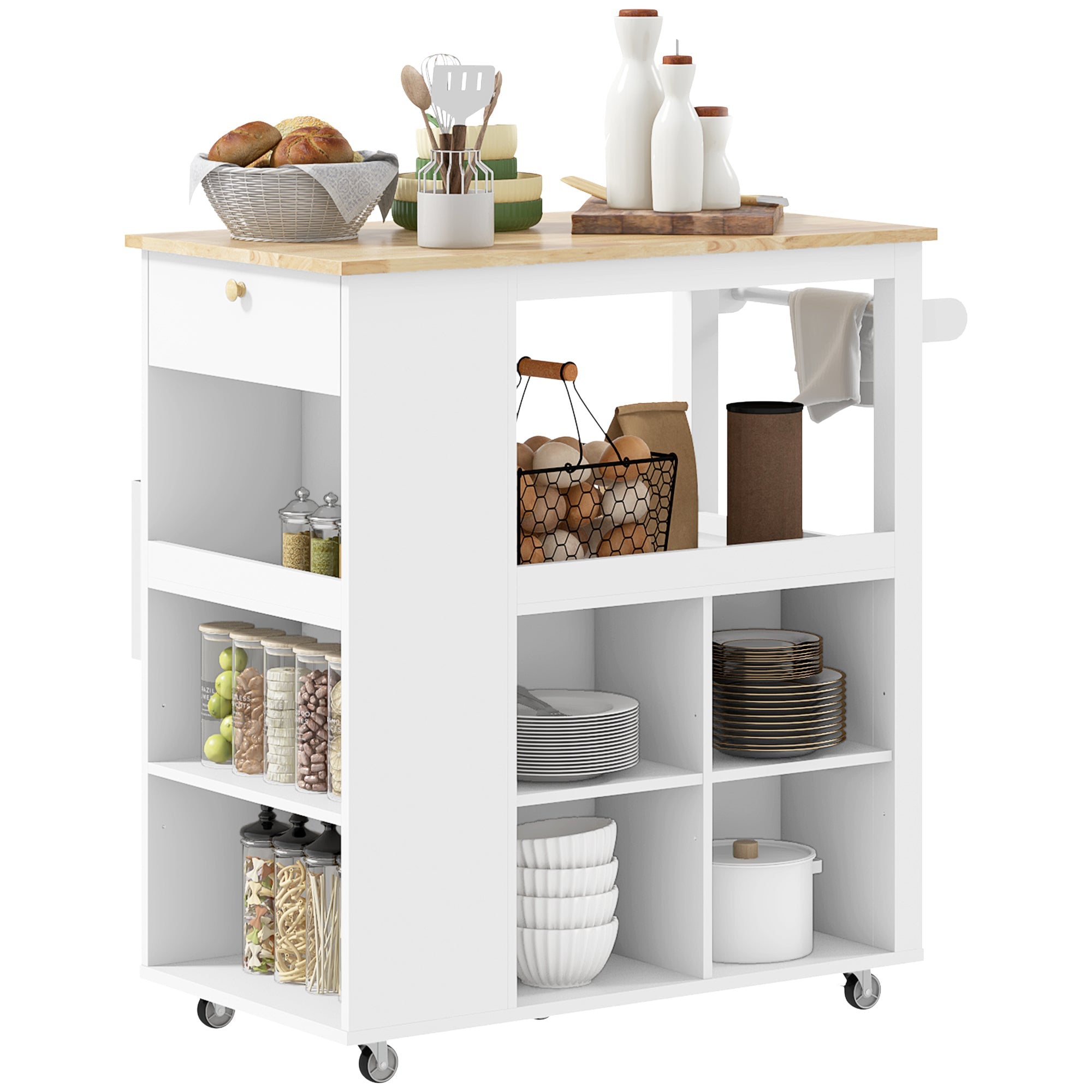 HOMCOM Kitchen Island Table Kitchen Cart with Rubberwood Top, Adjustable Shelves, Knife Rack, Towel Rack, Cabinet, White