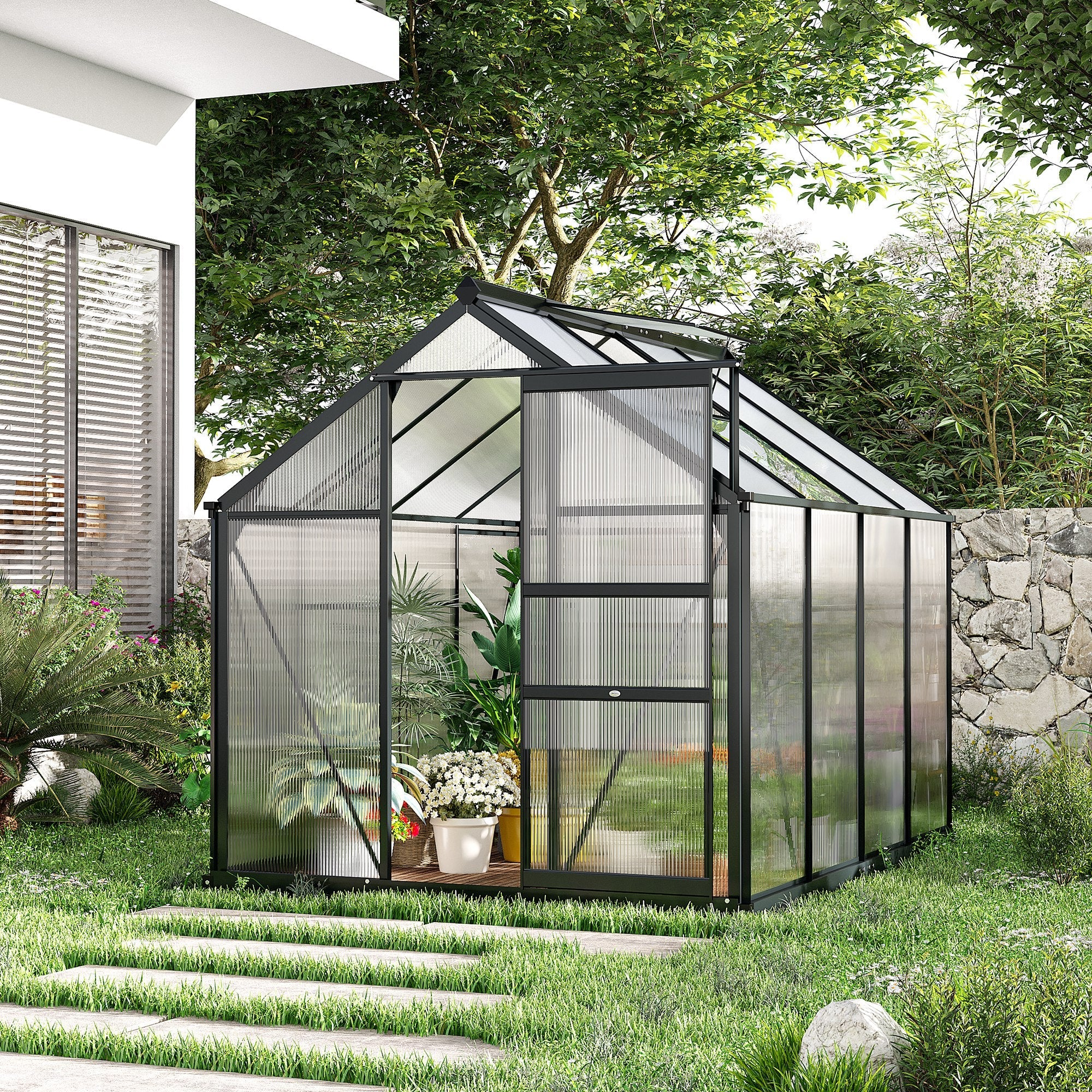 Outsunny Durable Outdoor Greenhouse 6.2'x8.3'x6.6' with PC Board, Slide Door for Extended Gardening - Grey