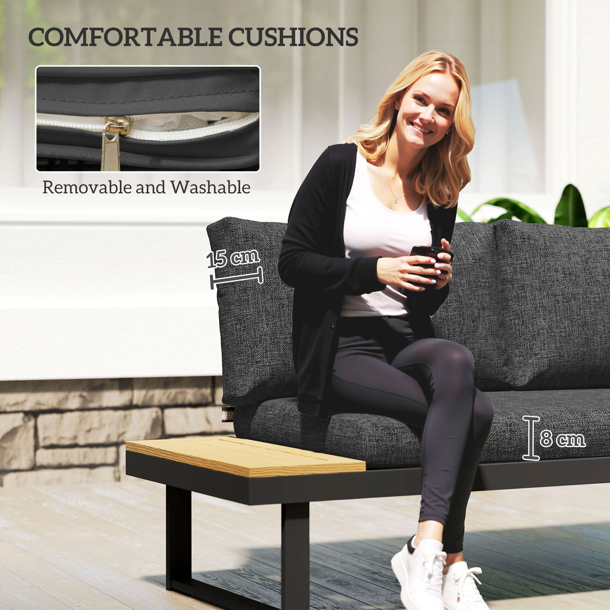 Outsunny 3 Pieces Aluminum Corner Patio Furniture Set Sectional Outdoor Sofa Set with 2 Loveseats Wood-Plastic Coffee Table Grey