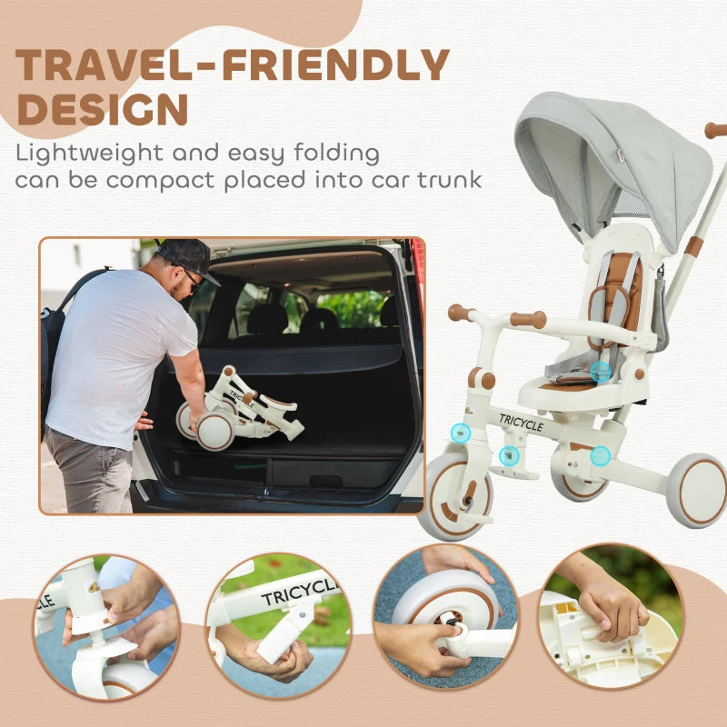 Qaba 7 in 1 Toddler Tricycle w/ Safety Harness, Adjustable & Removable Parent Handle, Canopy, Storage Bag, Brake, Cream White