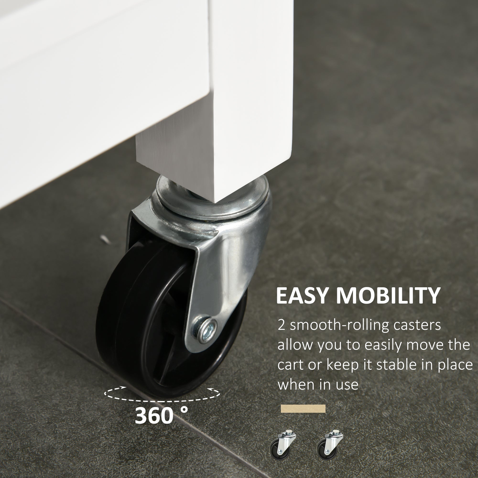 HOMCOM White Kitchen Utility Cart: Rolling Island with Rubber Wood Top, Towel Rack, Cabinets & Drawer Storage