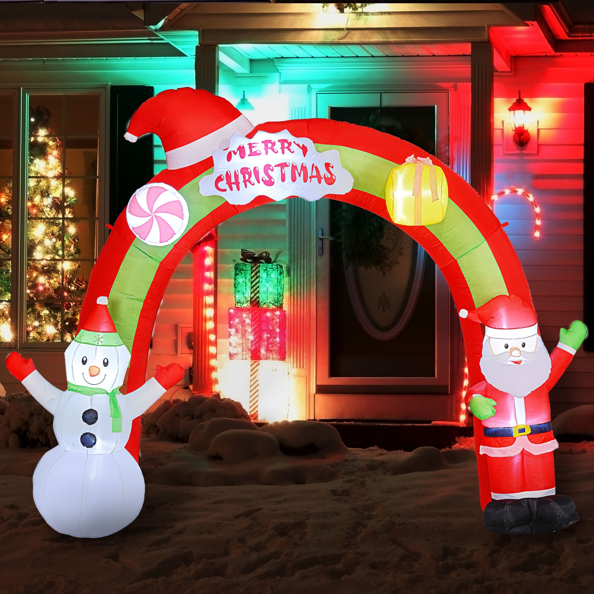 Outsunny 10FT Christmas Inflatable Archway, Outdoor Xmas Blow Up Santa Claus and Snowman Arch with Built-in LED Lights for Yard