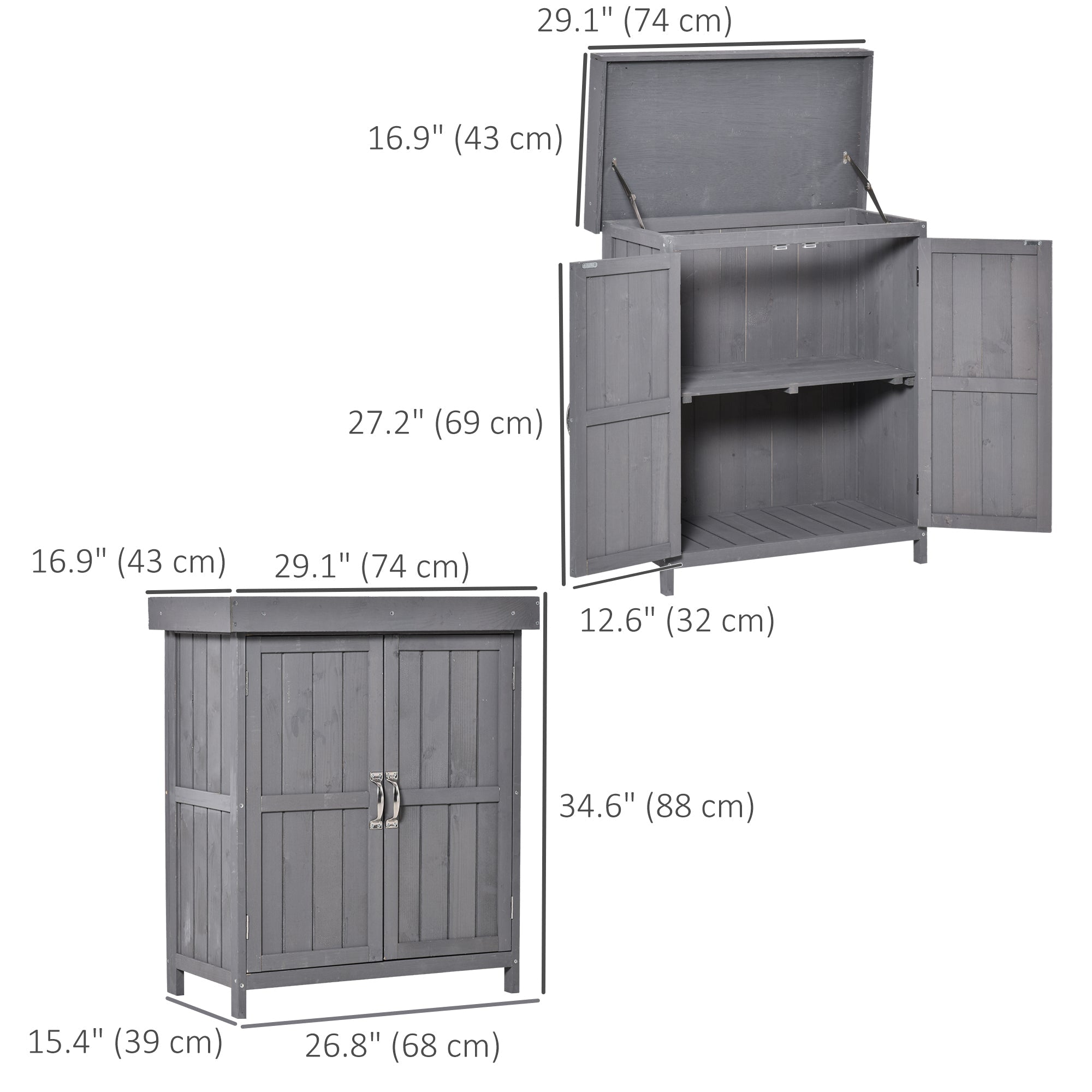 Outsunny Garden Tool Storage Shed Wooden Kit Hinged Roof 2-Tier Shelves Double Doors Dark Grey