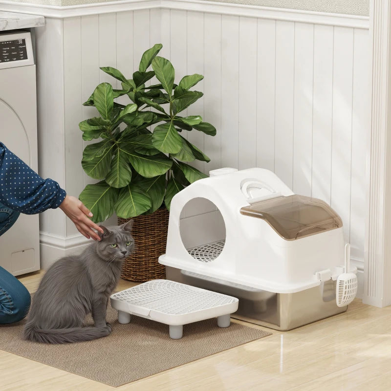 Extra Large Stainless Steel Cat Litter Box w/ High Sided, Removable Lid, Mats, Scoop, Odor Free, Non-Sticky, Leakproof